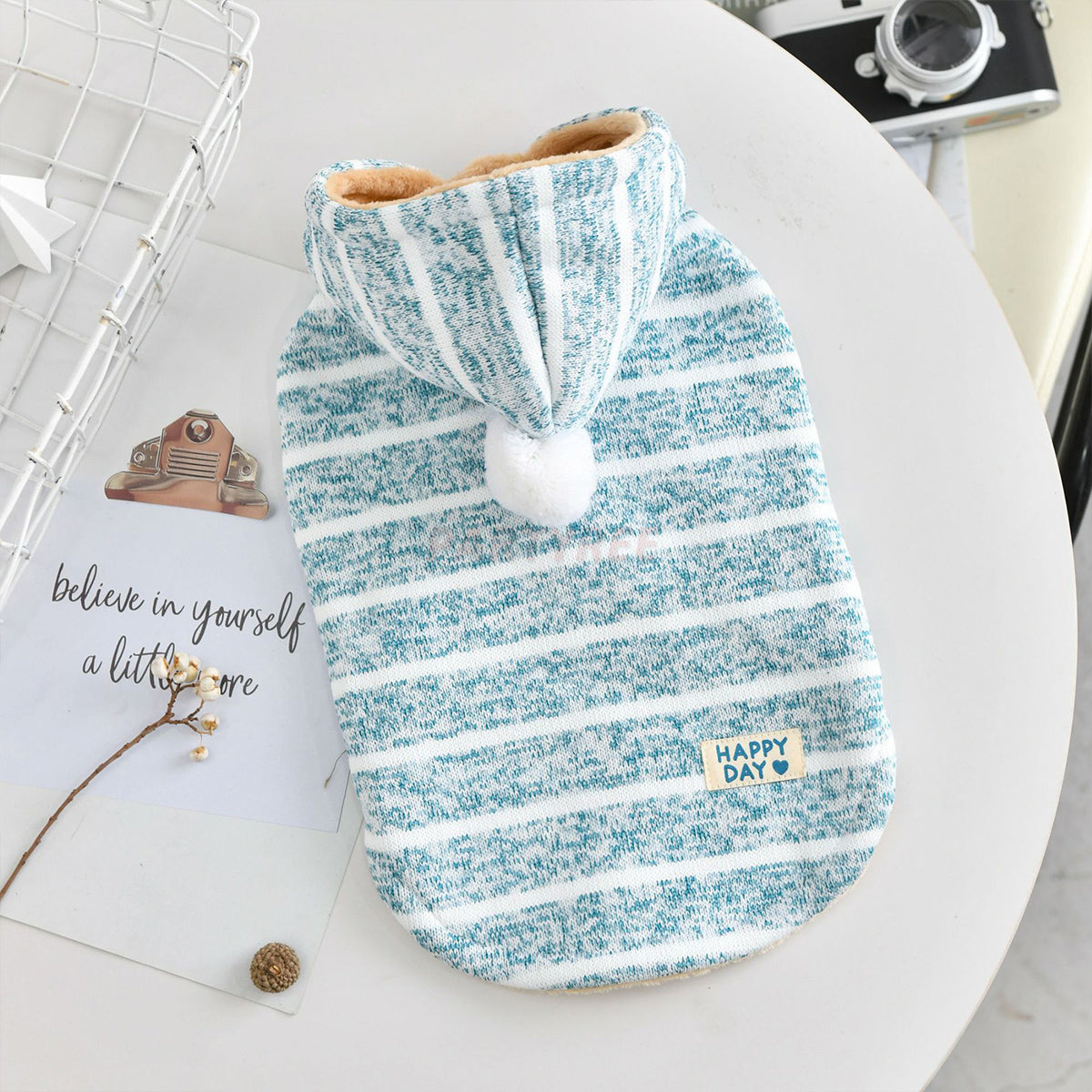 Hooded Striped Knit Dog Coat