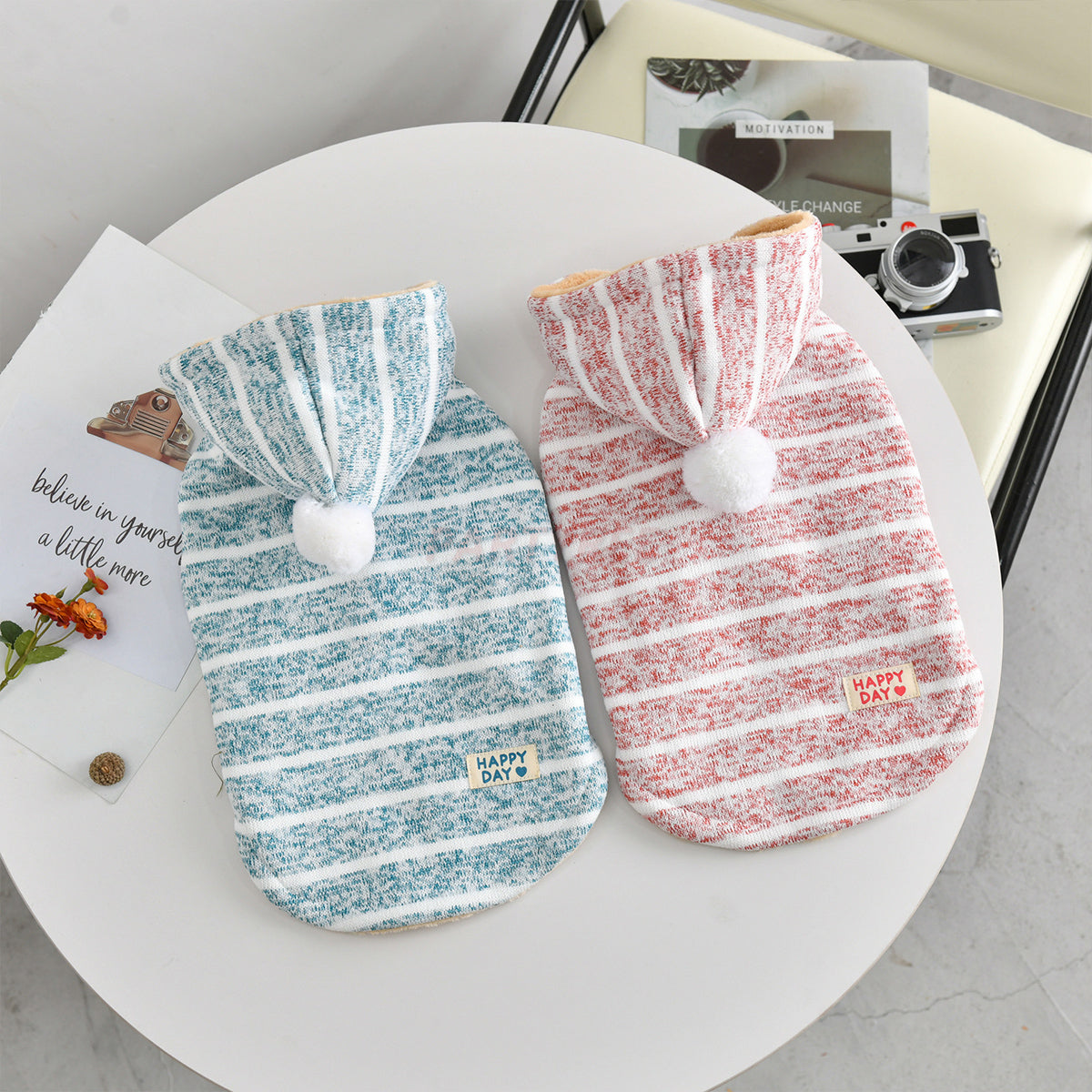 Hooded Striped Knit Dog Coat